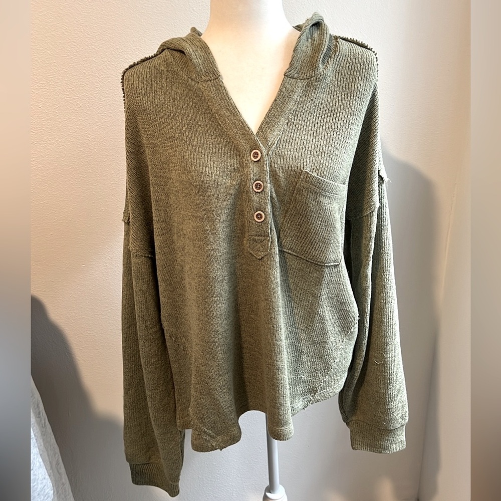Button-down, hooded, oversized, sage green top